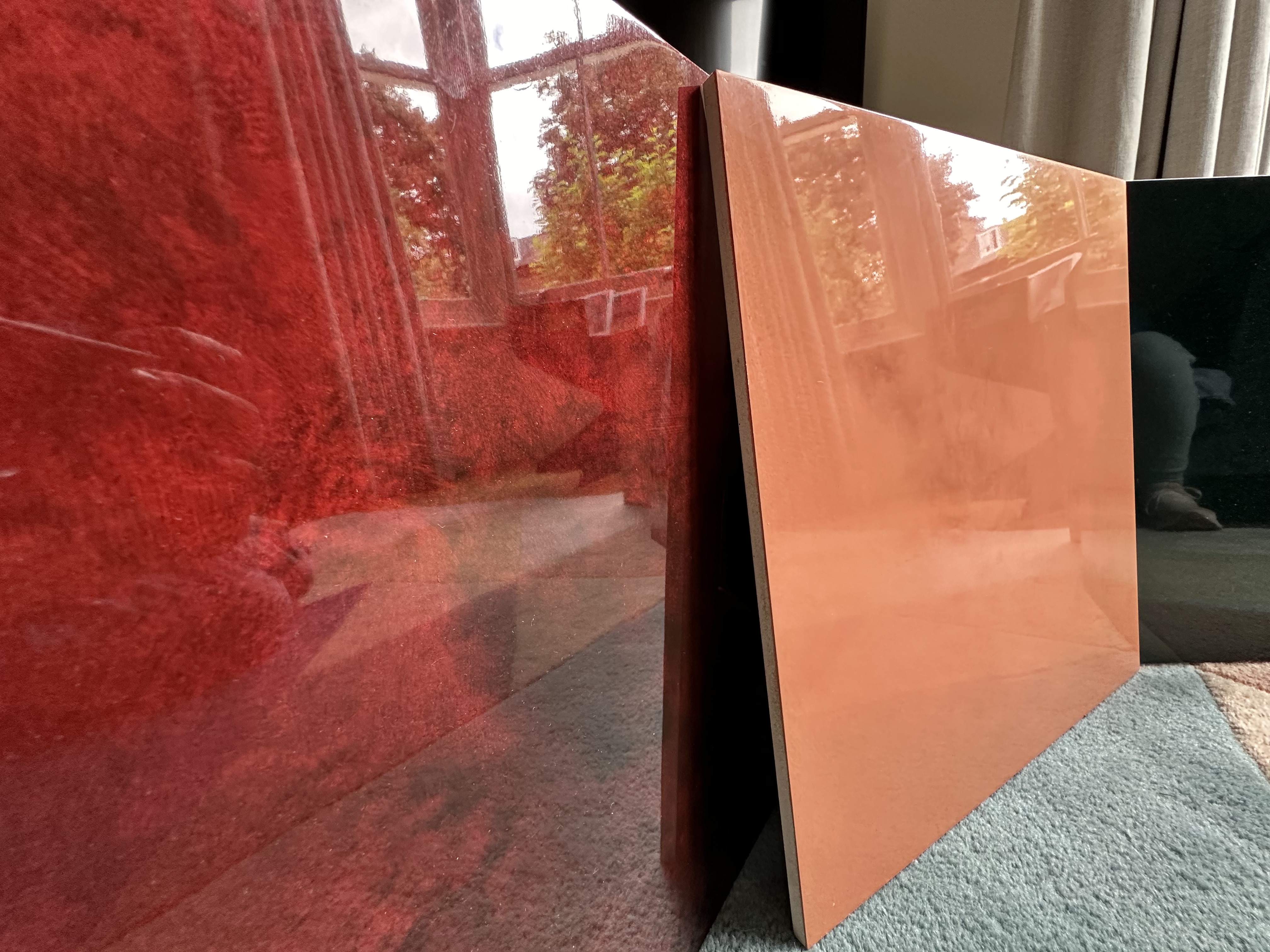 Red and copper japanning lacquer panels